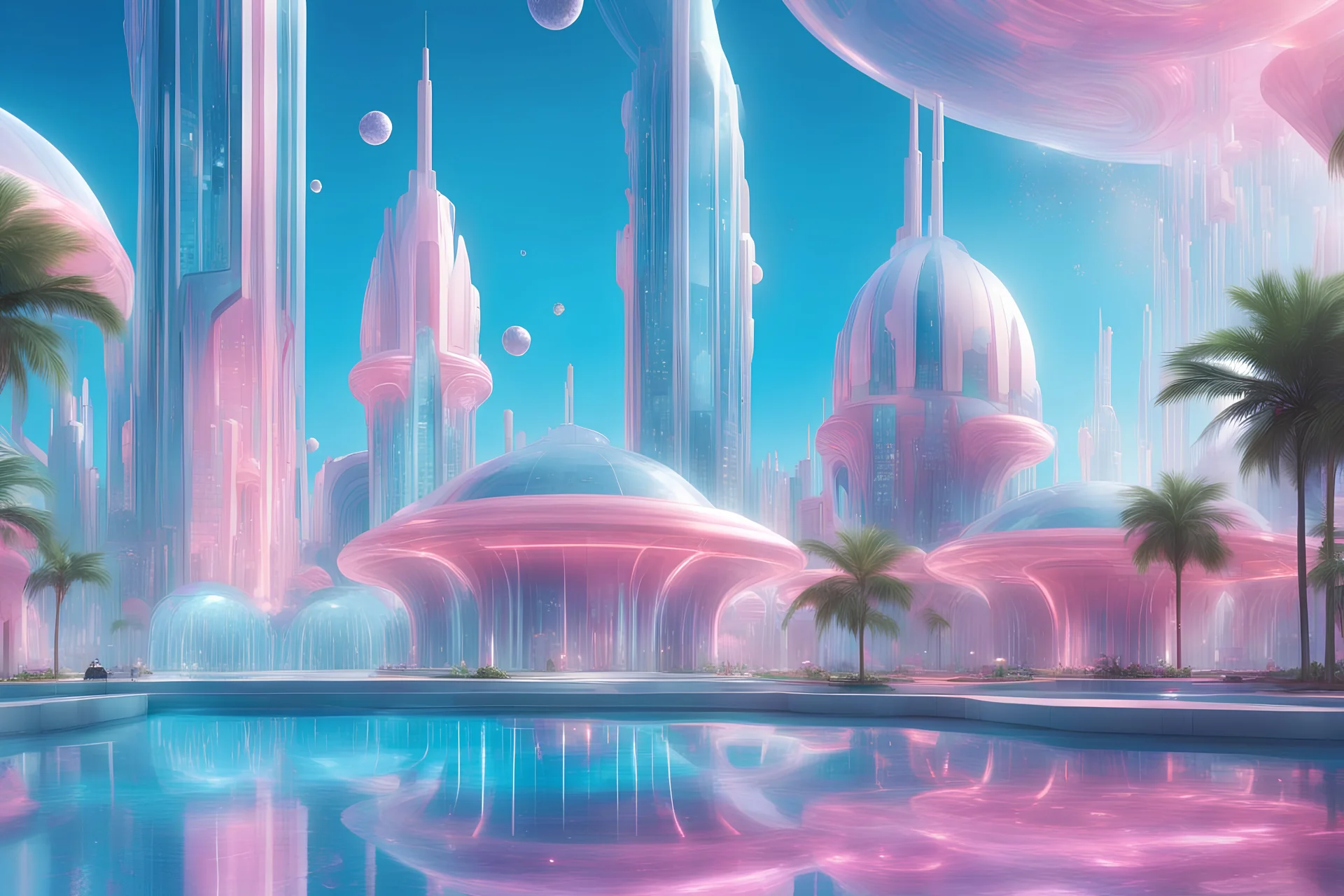 a futuristic and cosmic city. , The building are light and pastel blue and pink colored made with cristal, sweet shapes, domes. The building are small There are green palm trees and fountains, and pink flowers in the foreground