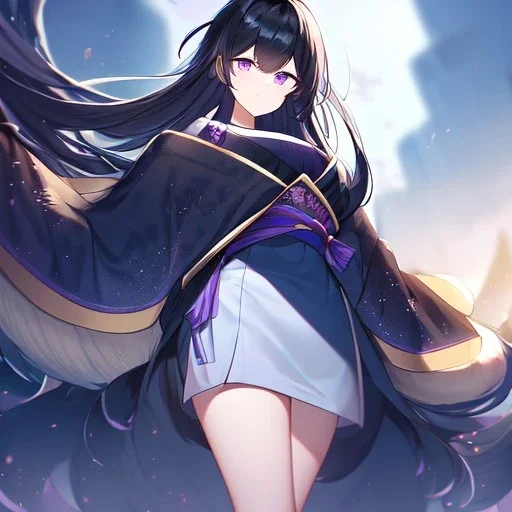 Clear focus,High resolution, black long fluffy hair, long fluffy bangs, purple eyes, wearing a kimono outfit, wearing a short skirt,