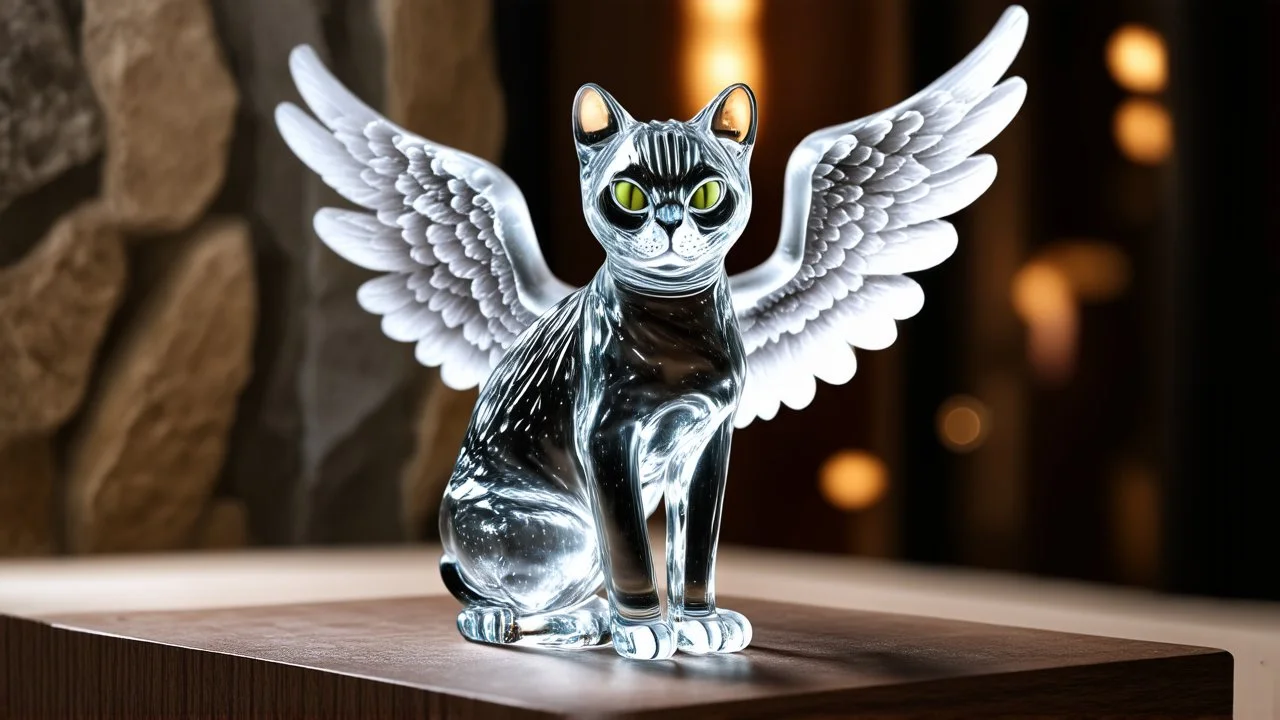 giger escher cat angel sculpture in transparent murano glass in front of stone wall,bokeh like f/0.8, tilt-shift lens 8k, high detail, smooth render, down-light, unreal engine,bokeh like f/0.8, tilt-shift lens 8k, high detail, smooth render, down-light, unreal engine