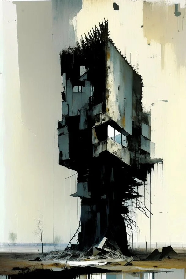 A abstract minimalist painting of Lebbeus Woods brutalist concrete bunker tower architecture. Breaking apart. In a desolate landscape. In the style of by Ashley Wood and Justin Mortimer. Large oil brushstrokes