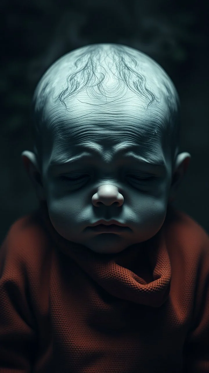 ,surrealism of the dark of a nightmare , hyper photorealistic, hyper detailed bright art color, high resolution, fog, octane render, tilt shift, HDRI Environment, all pictures dark gray, sad baby face