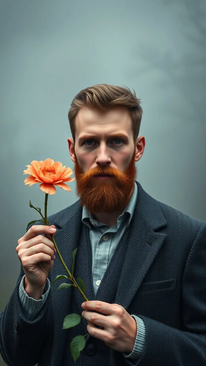 Van Gogh styles , a handsome gentleman without a beard front view holding a flower and give it to you looking at you In foggy smoky background