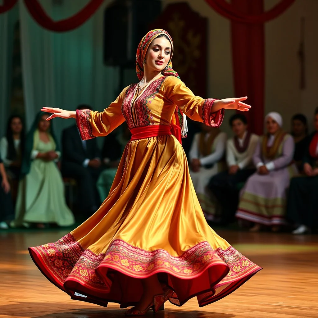 A graceful Azerbaijani female traditional dancer performing a famous Azerbaijani folk dance. She is wearing a beautiful traditional Azerbaijani dance costume: a long flowing silk dress with rich embroidery, wide skirt, and a colorful kelaghayi (traditional Azerbaijani silk headscarf) covering her head. The dancer moves elegantly with soft hand gestures, delicate finger movements, and smooth spinning steps typical of Azerbaijani women’s dances. The atmosphere is festive and cultural, with traditi