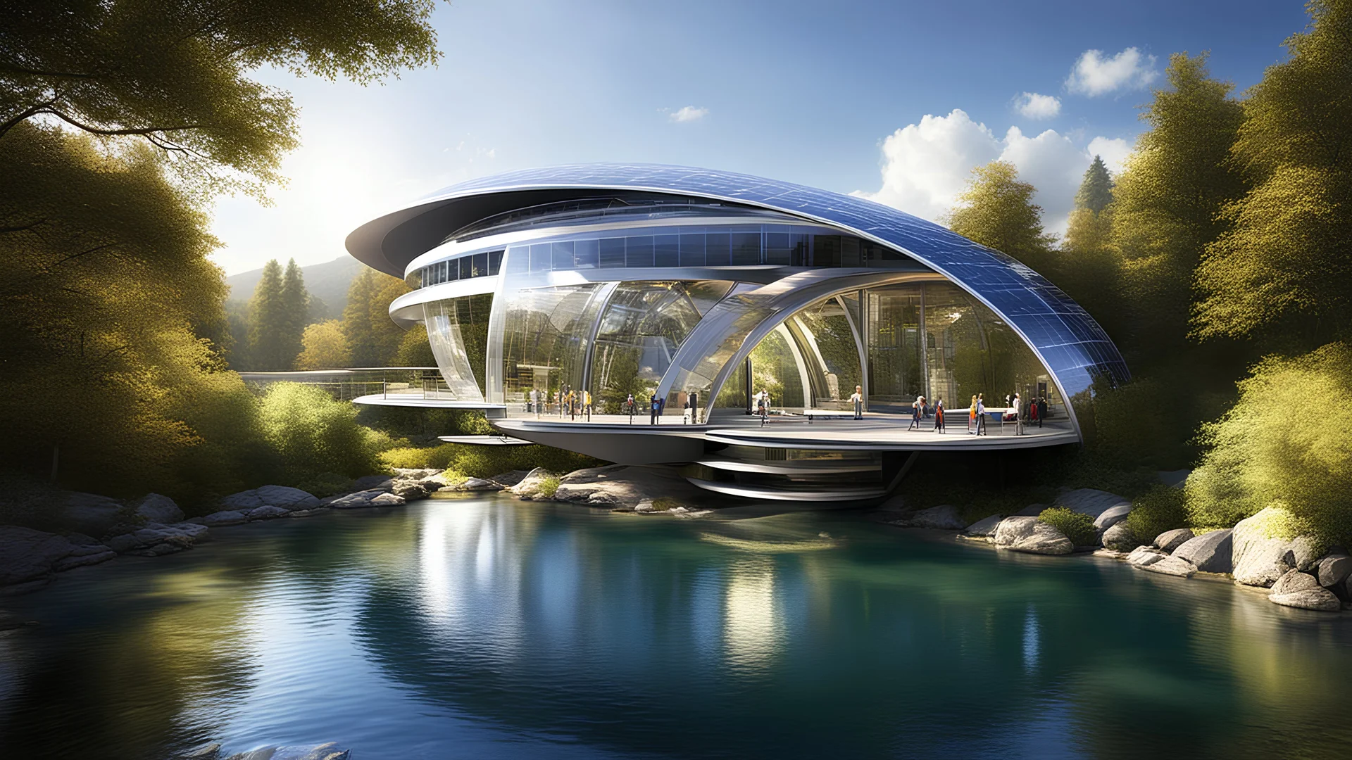 6003. Innovative environmentally-friendly home, solar panels, water wheel in river, alternative energy, scientific experiment, home of the future, fantasy, robotic, automated, spectacular, futuristic, beautiful lighting, attractive composition, photorealistic, extremely detailed, chiaroscuro