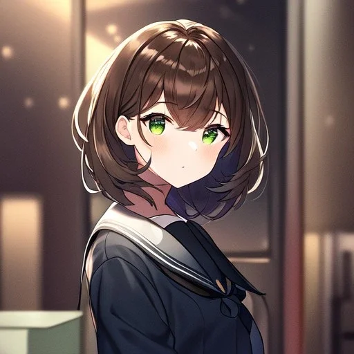 Clear focus, High resolution, short dark brown fluffy hair, green eyes, wearing a black sailor uniform