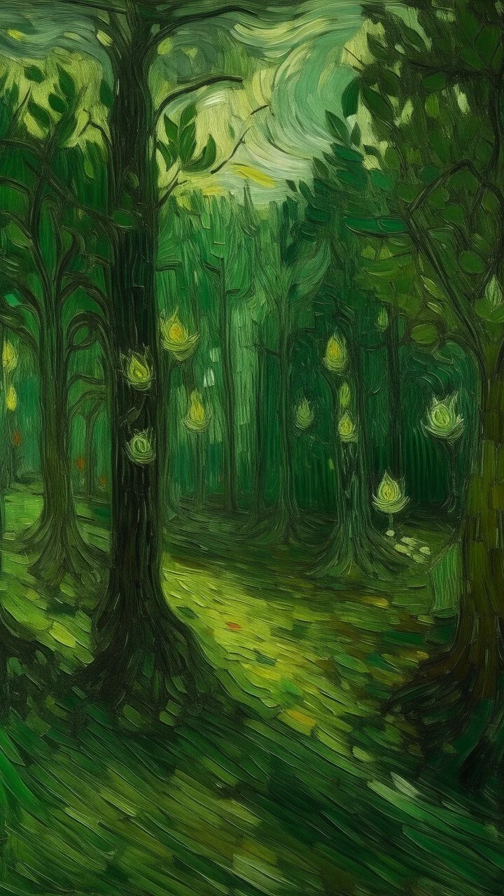 A green forest filled with fairies painted by Vincent van Gogh