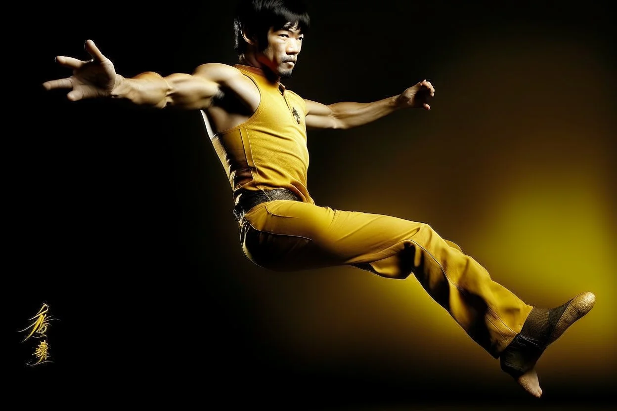 bruce lee,photo realism,in,his,prime,doing,flying,kick