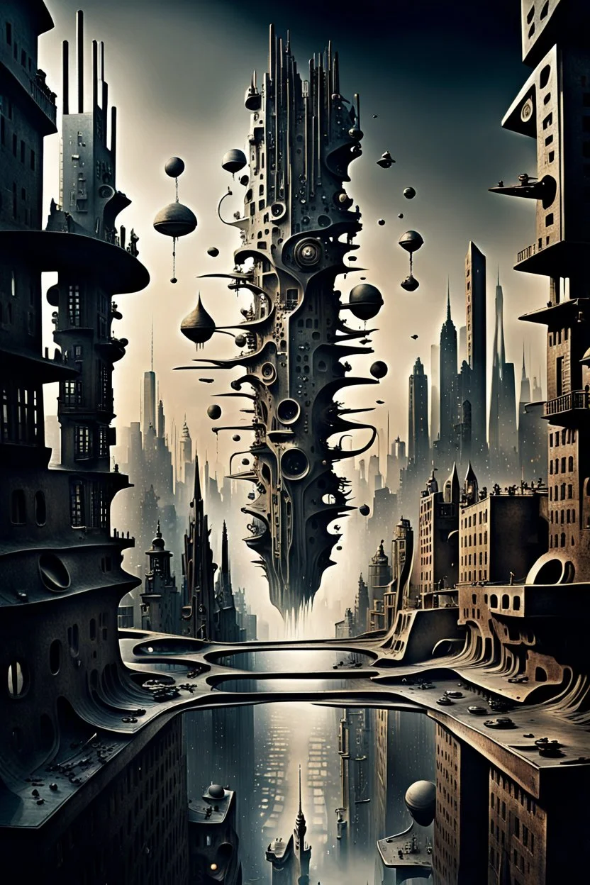 a stunningly weird image of a futuristic metropolis using Salvador Dali's paranoiac-critical method, where buildings and structures appear to melt into the skyline cityscape is filled with floating mad, twisted sharp metal shapes that interact with the buildings and each other, forming a surreal tableau of a dreamlike reality. neu-steampunk vibe, essence of the scene in a cinematic manner, with dramatic shadows that enhance the distorted perspectives and bizarre