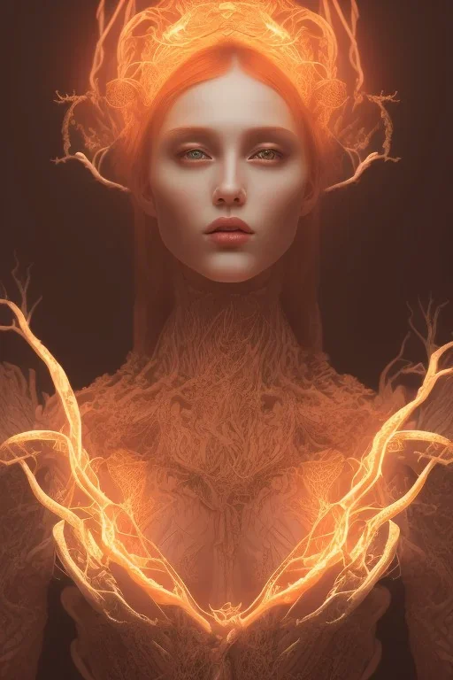 portrait photography of an ethereal beautiful animal goddess, Fire theme art, Dark moody night atmosphere, Portrait of a woman by Michelangelo, 8K, close-up face, anatomically perfect face, oak tree roots, ignore NSFW