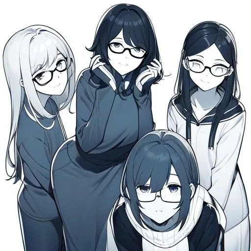  three girls, leaning pose, sueter, glasses, Line art,