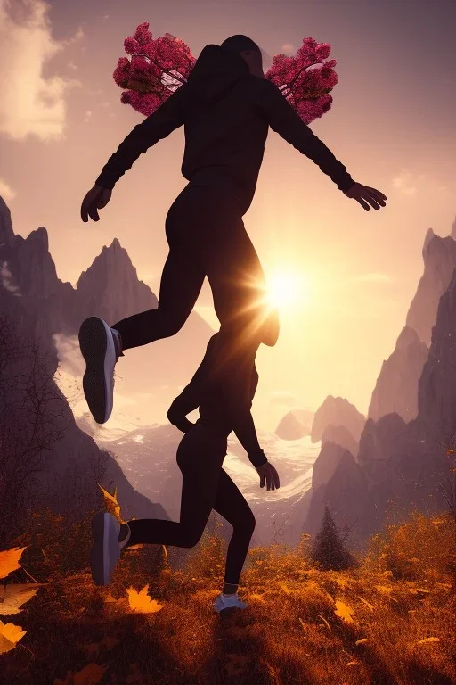 running alien portrait , black jogging suite , in the sunset Alps, golden light , holding leaves and flowers , angels background, volumetric light, high detail, dark leaf tree, dark mountains in background, perfect