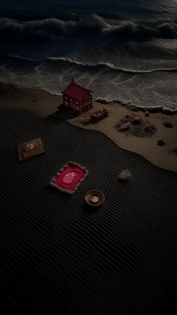 bird's eye view of shipwreck, seashore, moonlit night, foam waves, stands out an ancient crown set with ruby and different indecipherable coins between salt and sand, a wig, gloves, a compass , an abacus, kodak, fuji film, hgtv, 12k ursa, cinematic