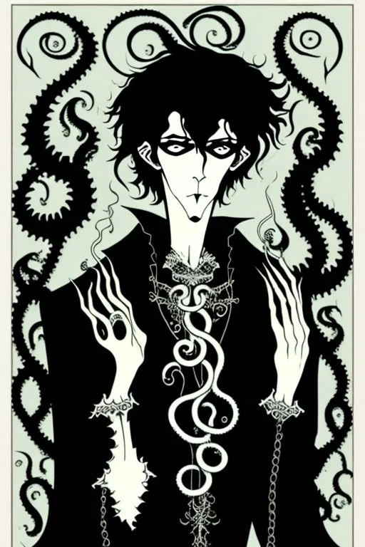 gothic creepy handsome black haired warlock with gothic jewelry and tentacle hands in the style of aubrey beardsley