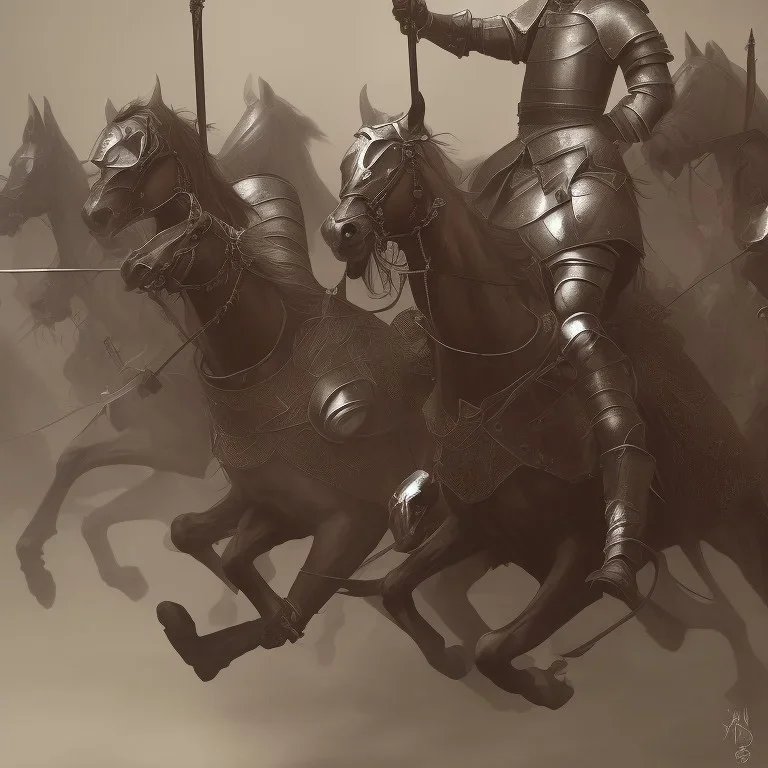 Medieval cavalry galloping. Warriors. Leather armor. Black. Sharp details. Roar.