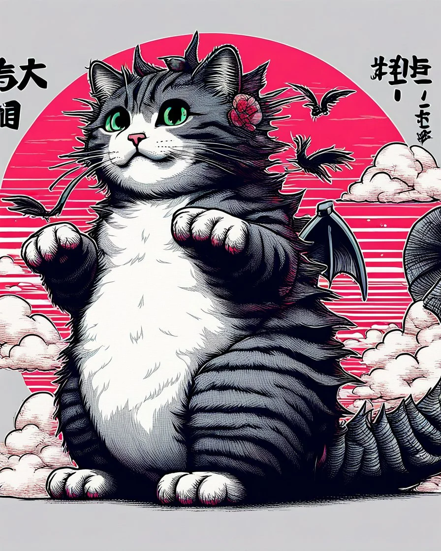 Catzilla cat Japanese Art funny cat gifts for women kid PNG,