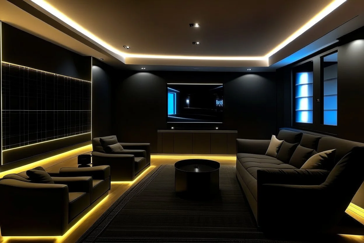 a dedicated home cinema room with LED ambient lighting in the walls