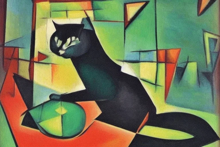 Cubist painting of a cat sitting on a green table