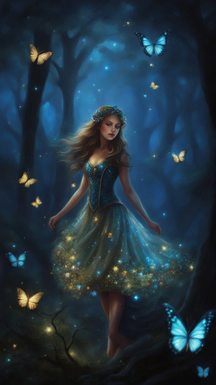 Painting of a beautiful girl, beautiful, pretty face, young girl, fantasy art, dream, trees, forest, dark night, song, glitter butterflies, fantasy