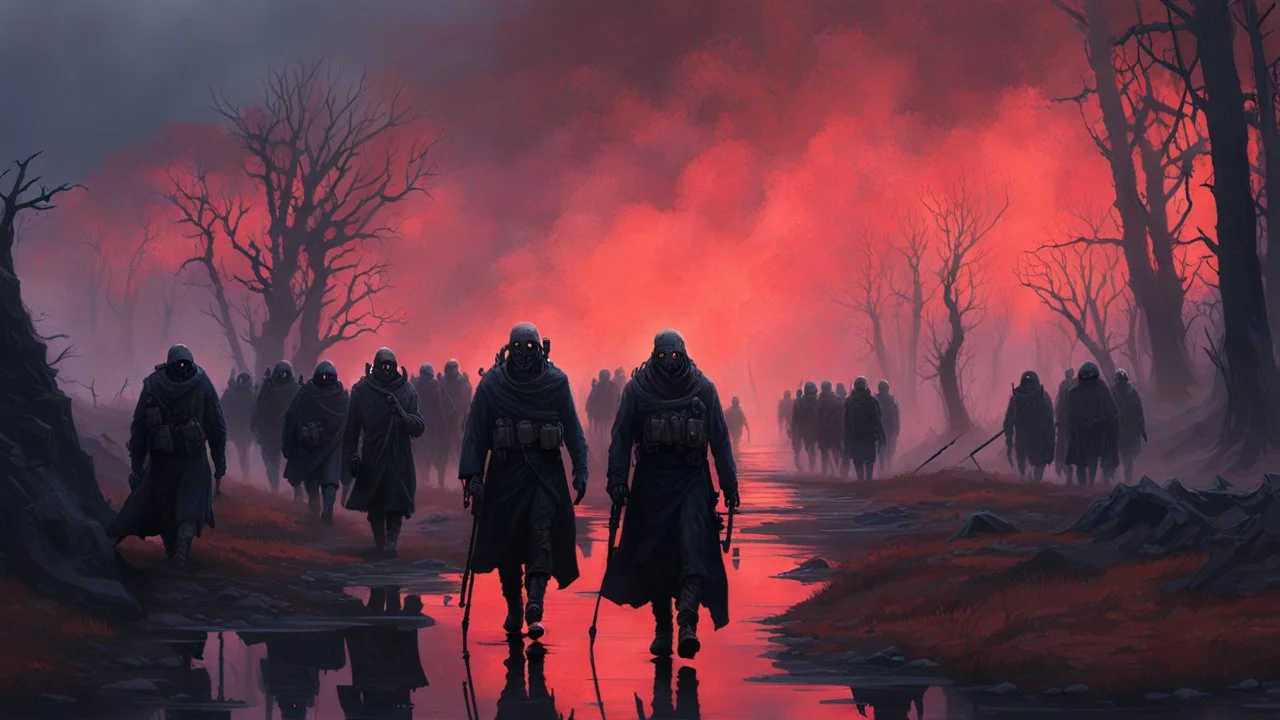 {{{Bio-engineered undead cyborg army marching}}} machine soldiers, future military, tactical wear, gas creepy landscape, techno gothic visual composition, science fiction painting, Denis Sarazhin, Alex Colville, Simon Stålenhag, Neil Blomkamp, Frank bowling, Christopher Shy, Alejandro Burdisio, RAW, gritty, high contrast, atmospheric horror art, gripping and suspenseful, vivid, neon overlay, narrative art, textured, dramatic, surreal horror, gestural, disco diffusion