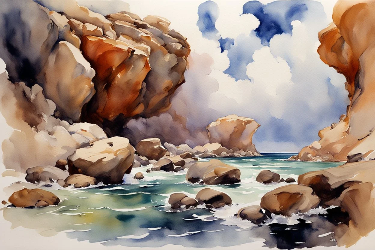 Clouds, rocks, cliffs, rocky land, sci-fi and fantasy, beyond and trascendent, 90's sci-fi movies influence, john singer sargent watercolor paintings