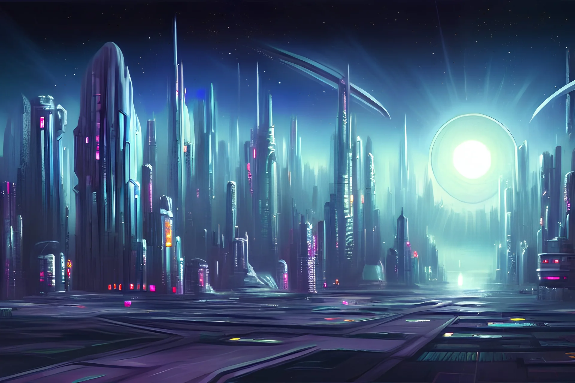 Space Futuristic city, night, realistic painting