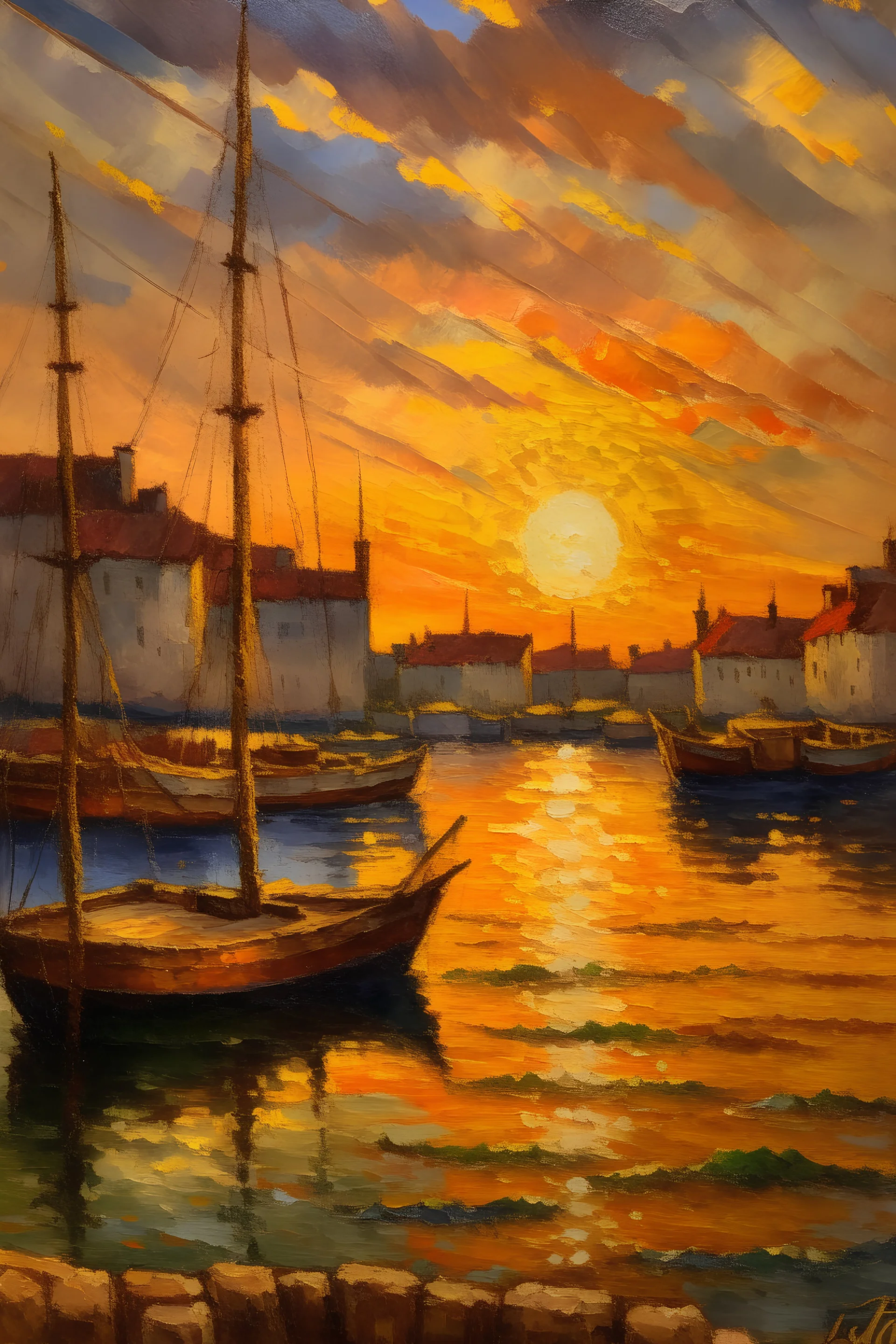 classic french impressionist style painting of a habor at sunset