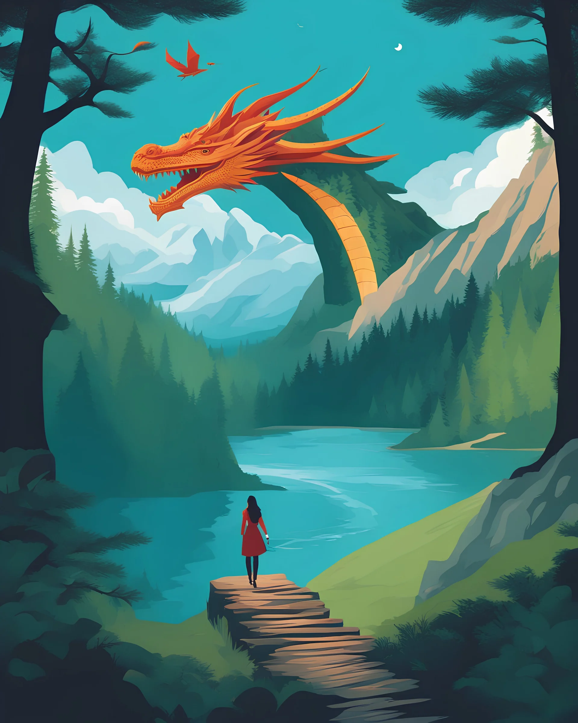 Creating a cool phone wallpaper: A stunning woman embarking on an epic adventure, A village, a lake, a forest, and a mountainous terrain, The sky adorned with a flying dragon, Vector art style, Inspired by the game Skyrim's fantasy world.