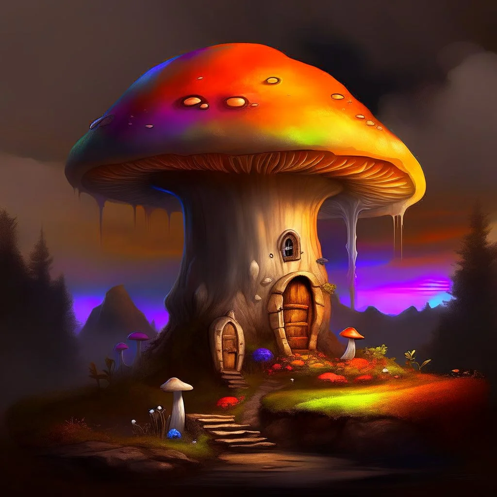 A rustic white, orange, and green (((mushroom house))) perched atop a (tall geologic pillar), surrounded by a ((( rainbow haze ))), offset by the subtle hues of an (dark space scape), within. captured by the hand a skilled master painter with a focus on (hard bold compositions and voluminous lighting).detailed matte painting, deep color, fantastical, intricate detail, splash screen, exaggerated colors, fantasy concept art, 8k resolution