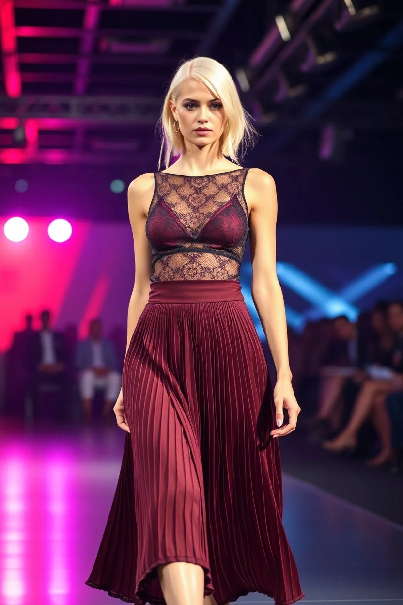 A fashion model with breasts and sleek, platinum blonde hair confidently walks a dimly lit runway in an avant-garde dark red midi pleated skirt and a sheer lace top with shimmering lace overlay, captured from a low-angle perspective that emphasizes her commanding stature, with a blurred audience in a professional setting, animated color lights casting a futuristic ambiance, radiating a strong physical presence body physics,at the end she stops with nice pose.