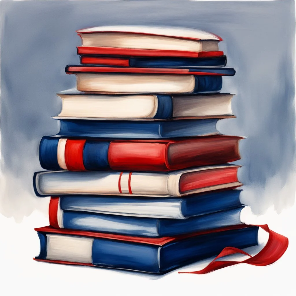 Hand drawn illustration, oil painting, midnight blue and red, stack of books with airbrushed tape, white background only