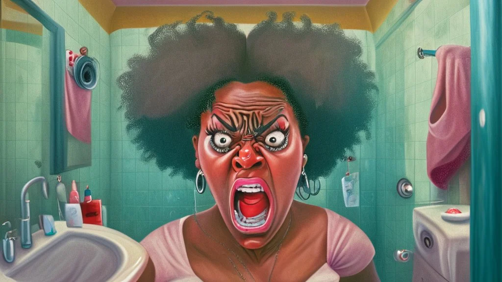 angry black lady on the phone in the bathroom near sink