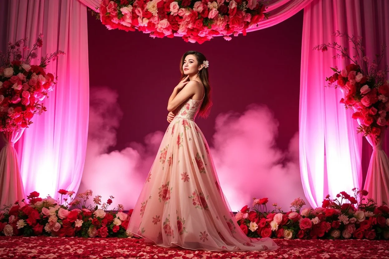 picture of lady with a maxi dress flower stye design posing in a art an romantic stage