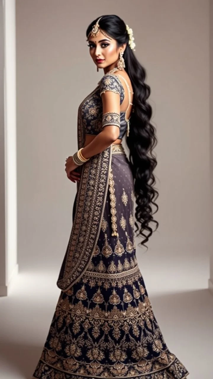 A stunningly elegant Indian bride, with a tall, slim, and athletic figure, adorned in intricate bridal makeup, complete with extremely long hair cascading down her back. She stands in a dynamic pose, showcasing a designer bridal lehenga. This captivating portrait captures the bride's radiant beauty and grace, highlighting every exquisite detail in high quality.