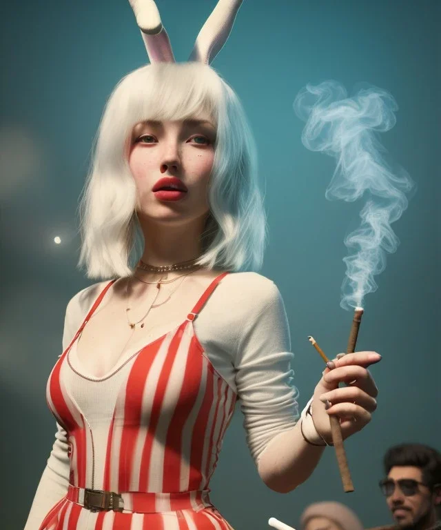 Ultra realistic photographic party portrait, sound club, wide-angle lens, couple, cinematic, happy blonde woman smoking a shisha pipe, accompanied by big white rabbit friend, hot, circus dress style, marihuana plants, color smoke, soft color, highly detailed, unreal engine 5, ray tracing, RTX, lumen lighting, ultra detail, volumetric lighting, high definition.