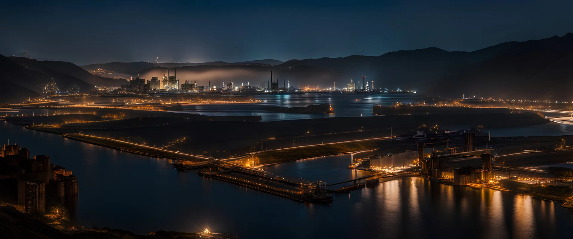 photo raw hdri, movie film still screengrab, 8k uhd, deluxe 70mm Panavision lenses anamorphic with Zeiss HS optics, 1986 movie, ultra-wide shot of a huge dam at night with a refinery right behind it, sharp focus, complex lighting, backlighting, rim lighting, award winning, by weta workshop, james cameron movie look, aliens, advanced warfare, metal gear solid hideo kojima, f22 raptor, f35b, dark, grim, low-key lighting, moisture, 35mm anamorphic lens film look, film grain, night lighting, dark