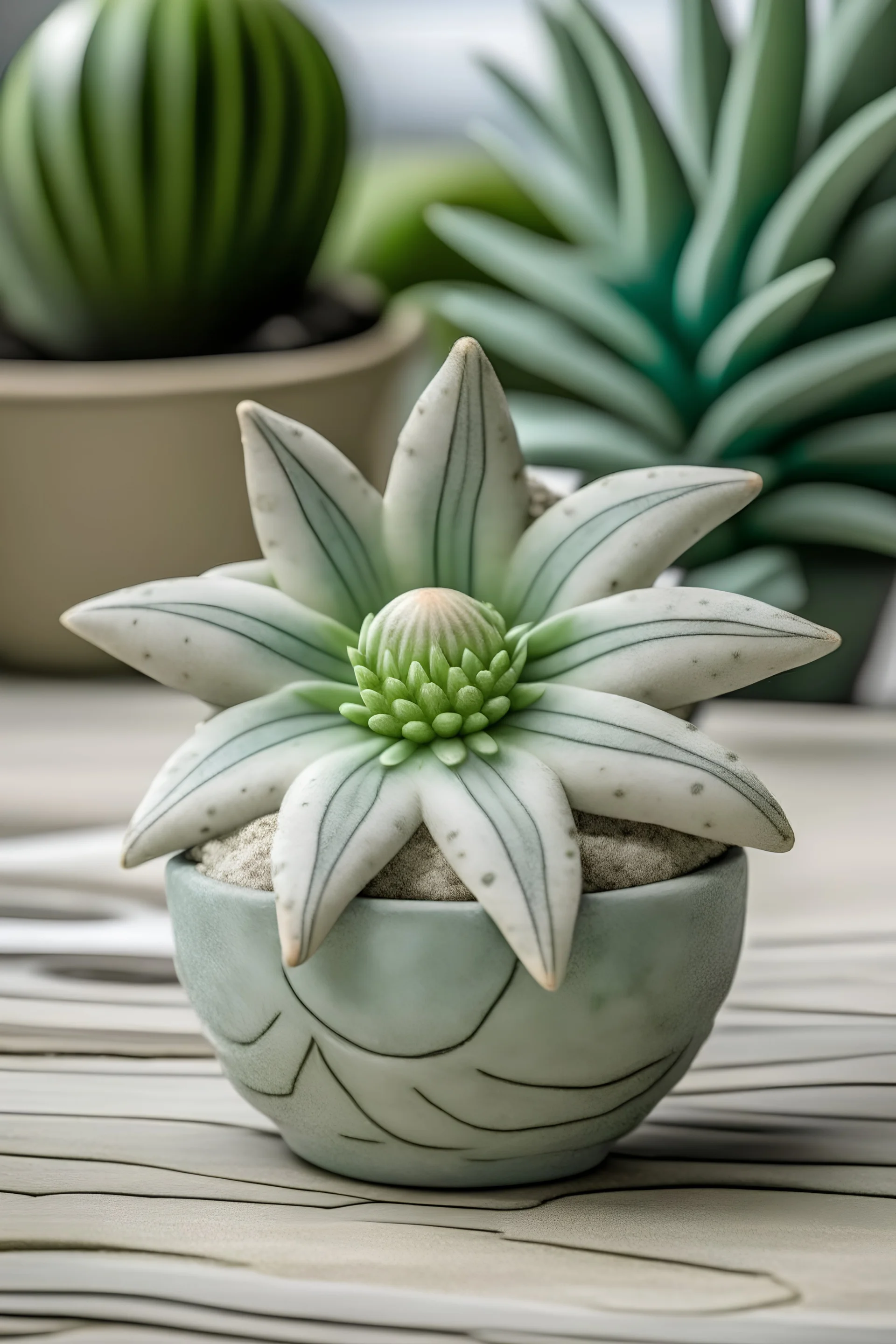 Create a soothing image of a mini concrete succulent planter with a coastal retreat theme, shaped like a seashell or starfish, and featuring a textured finish reminiscent of weathered seaside elements."
