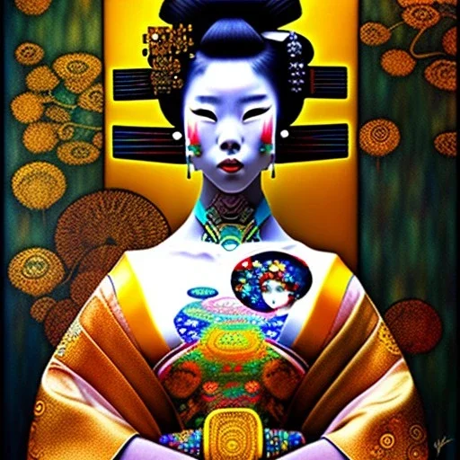 dibujo al oleo de cuerpo entero de una Geisha con tatuajes estilo Gustav Klimt