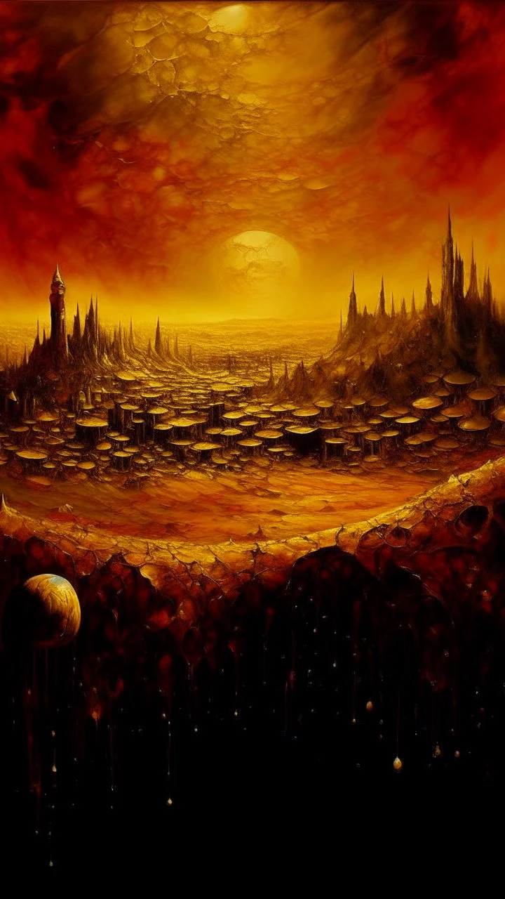 oil painting of a city of gold That lies in the distance