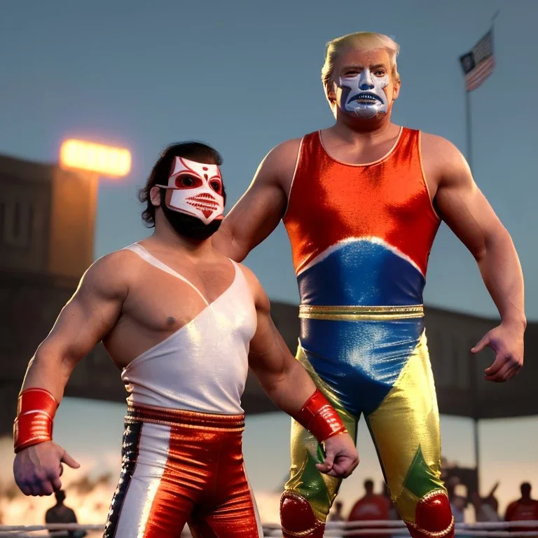 Realistic image of Donald trump wrestler, Mexican wrestling style, Mexican wrestling mask eyes, red and blue breeches, glow us flag dress, suspenders, retro style, 80s, vibrant color, highly detailed, sky background, concept art, unreal engine 5, god rays, ray tracing, RTX, lumen lighting, ultra detail, volumetric lighting, 3d, finely drawn, high definition, high resolution.