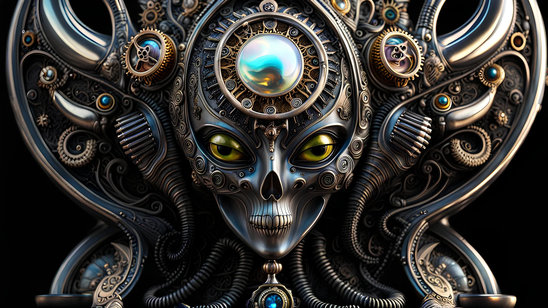 a steampunk alien mother of pearl perfume bottle, dark psytrance art, morbid fine arts, macabre arts, dark fine arts, macro lens, 8k resolution, intricate detail, hyper-detailed, dynamic lighting, H.R. Giger, trending on Artstation, epic, deep color, vibrant, beautiful, graffiti art, splash art, street art, spray paint, oil gouache melting, acrylic, high contrast, colorful polychromatic, ultra-detailed, ultra quality, CGSociety, filigree, hematite and garnet hour