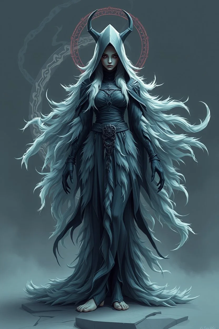 powerful low poly priest woman with long fur all over her entire body and eerie aura swirl