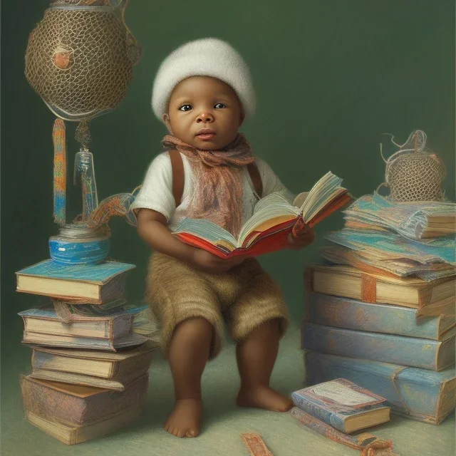 African American baby boy inventor with books by monet