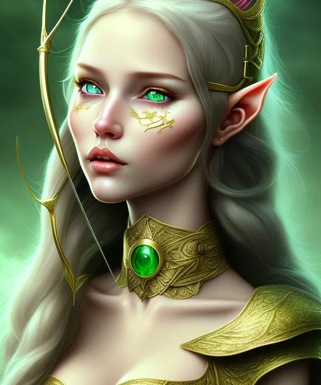 Archer elf female, 90-60-90 high detail, High definition, long gold hair, green eyes, crow from white gold, emerald choker,full body portrait,<https://s.mj.run/l99gmc3fG8c>