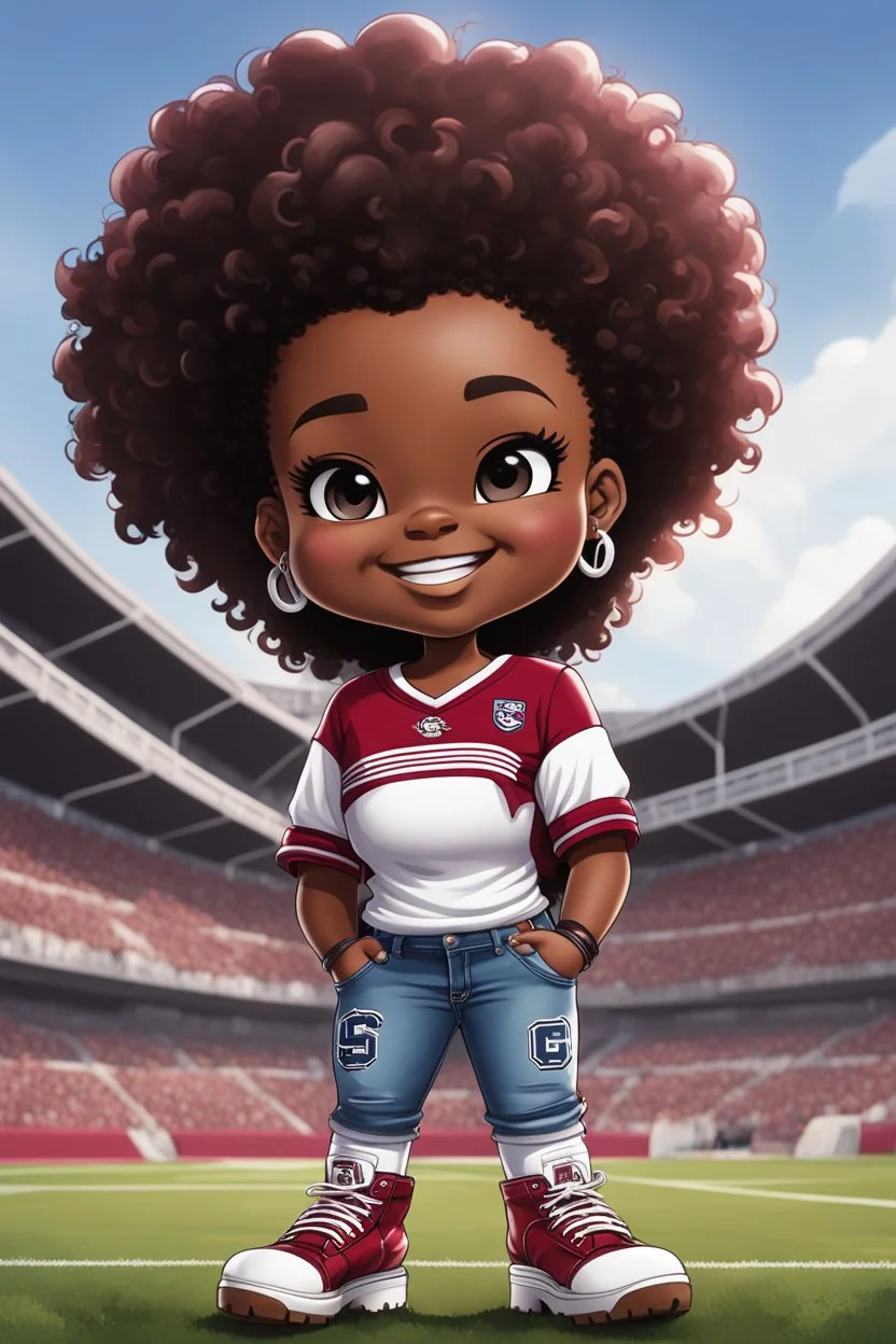 A sassy thick-lined airbrush cartoon image of a black chibi girl standing in front of a football stadium. She is wearing a University of South Carolina football jersey with tight white jeans and timberland boots. behind her curvy body. Looking up coyly, she grins widely, showing sharp teeth. Her poofy hair forms a mane framing her confident, regal expression. Prominent maekup with hazel eyes. Hair is highly detailed.