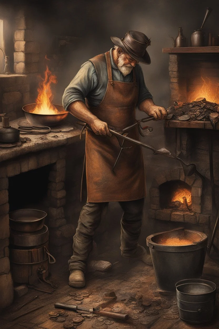 Olden days dirty blacksmith with Leather apron, burning the Bitcoin logo with an branding iron onto the arm of a screaming man, hot oven in background, dirty room, realistic, very detailed, emphasis on the logo