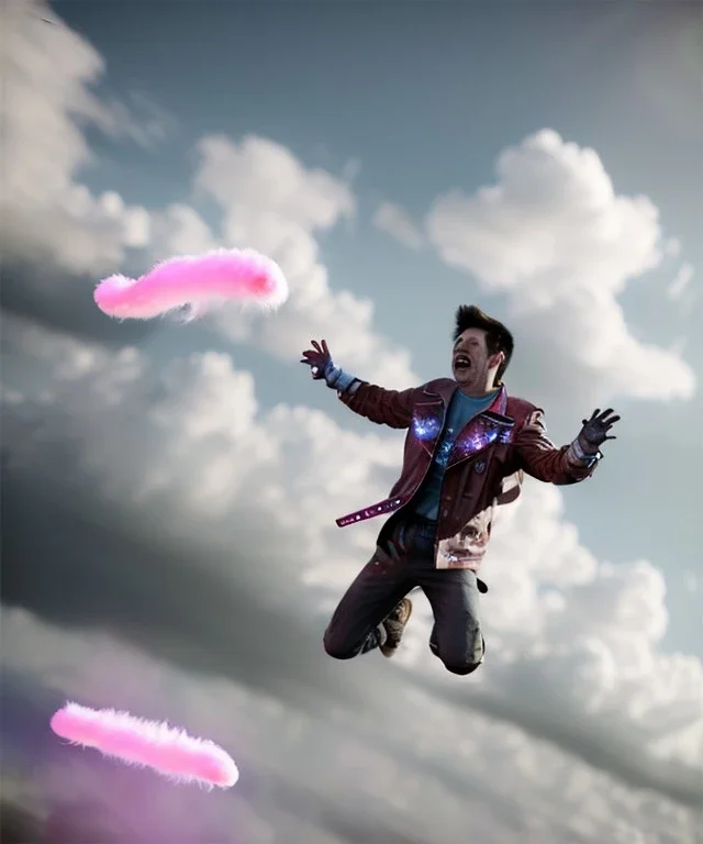 Ultra realistic speed clouds sky scene, wide angle view, strong men falling down with many Childs, circus clothing style, feather color clothing, free jumping flying, many trinkets, hair monster, many jelly beans, balls, color smoke, smile, happy, extreme, wind, clouds sea, 20,000 feet altitude, stratosphere, soft color, highly detailed, unreal engine 5, ray tracing, RTX, lumen lighting, ultra detail, volumetric lighting, 3d, finely drawn, high definition, high resolution.