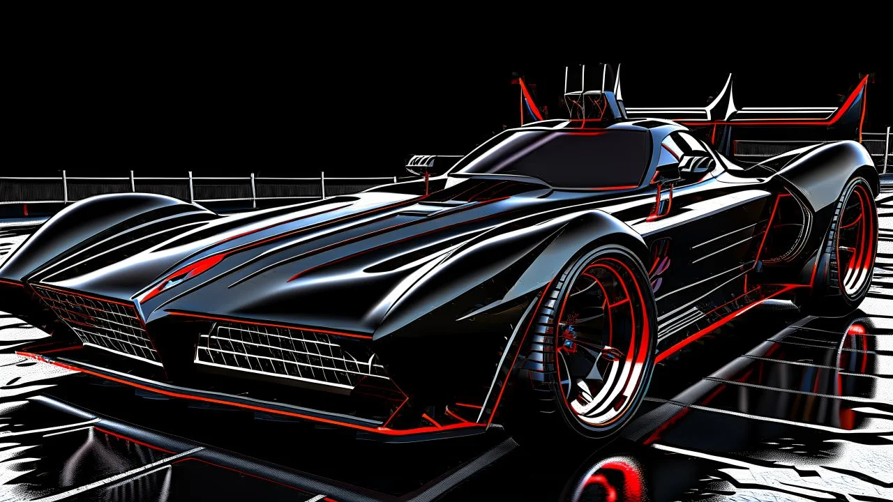 batmobile concept inspired from a 2025 ford mustang dark horse with a large elaborate spoiler and batman symbol style fins, batman symbol in grille, lower wind deflector. red stripes like 1960s adam west batmobile
