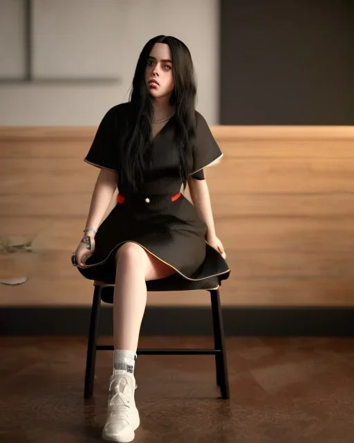 Billie Eilish, sitting on a chair, Black Short Dress, high detail, realistic