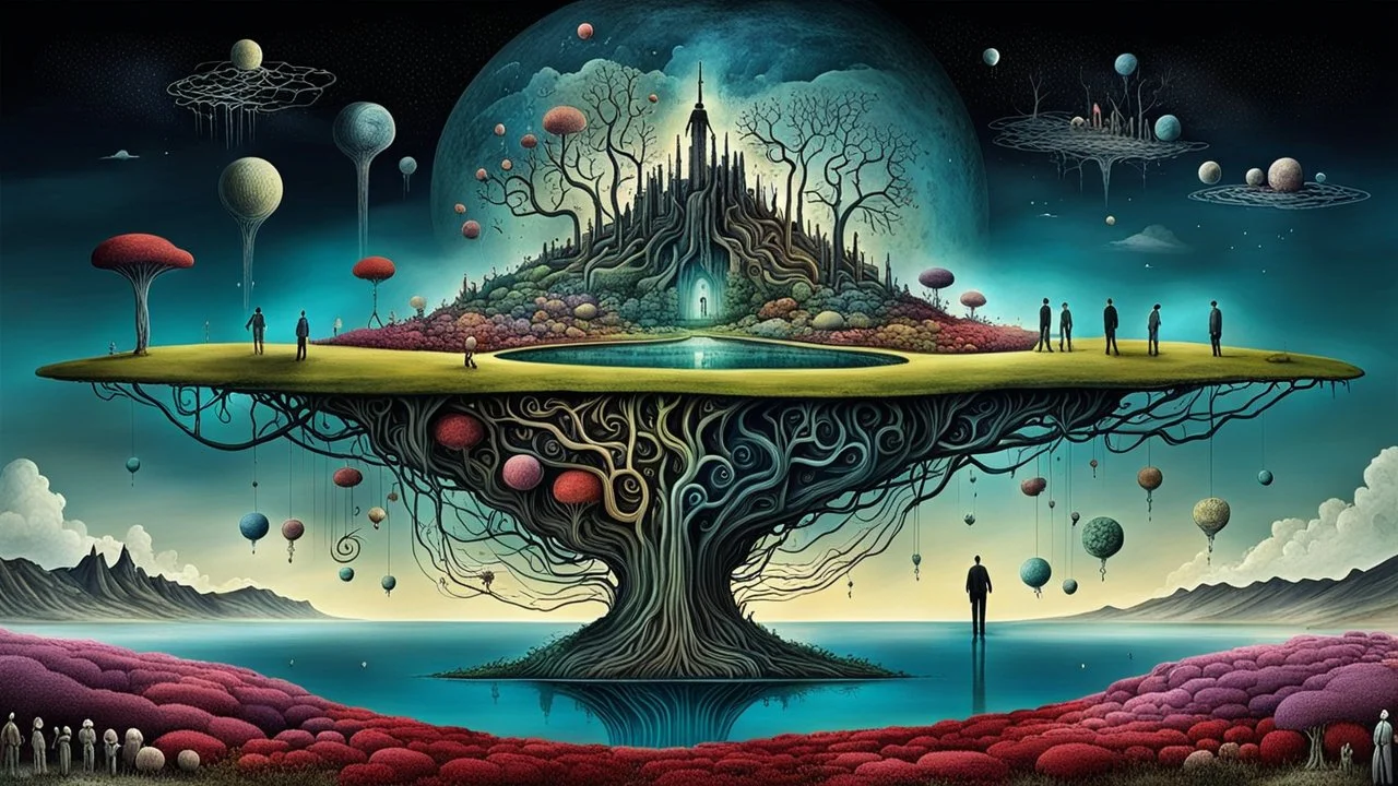 one alone human stands on fade colors floating island over normal landscape with many little humans. this island with deep dark colors. dreamlike inner world with neurodivergens soul and mind,, Whimsical strange style of Chagall, of Quentin Blake, and Yoshitaka Amano of Anton Semenov. weird absurd beauty nightmare, in background neuronic network, Whimsical surreal vibe, cinematic