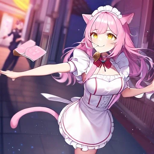 Clear focus,High resolution,High quality, Smiling, Pink long fluffy hair, Pink cat ears, Yellow eyes, Wearing a pink maid outfit, running with toast in her mouth